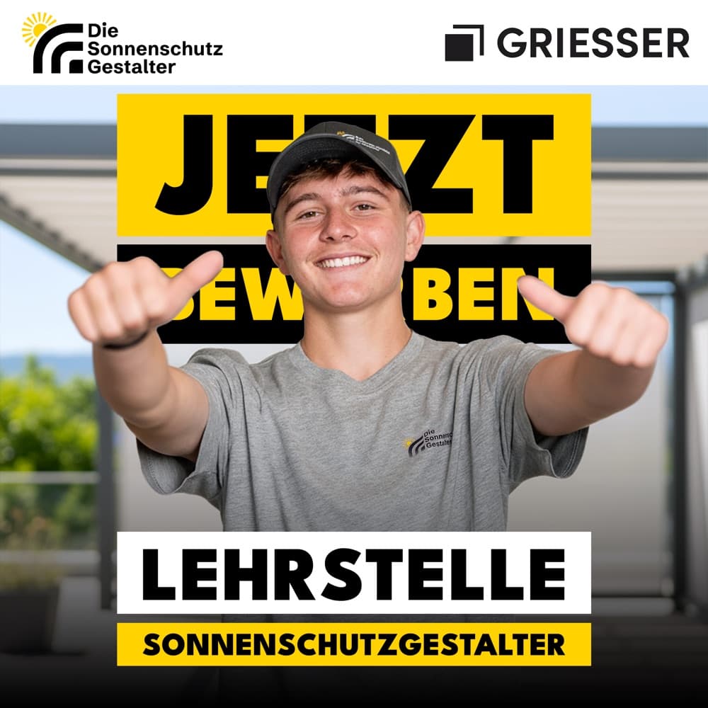 Anzeige der Kampagne Die Sonnenschutzgestalter in der Version von Griesser: Werde Sonnenschutzgestalter, bewerben in 59 Sekunden